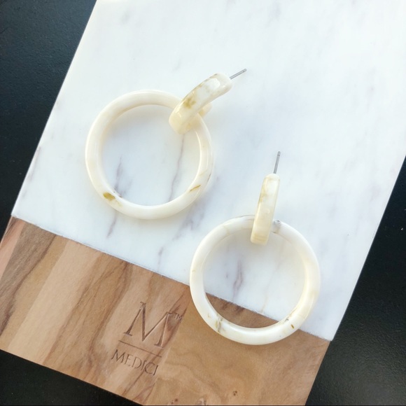 Cream Acrylic Round Pendant Hoop Earrings - Picture 2 of 3
